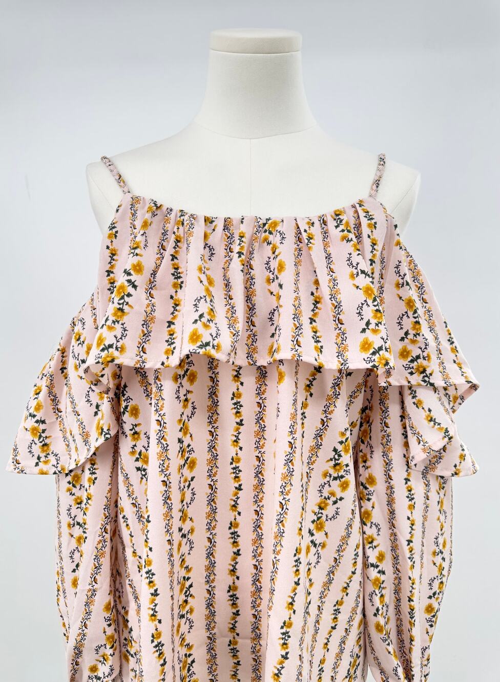 Moon River Pink Cold Shoulder Top Vintage Yellow Floral Ruffle Blouse M NWT